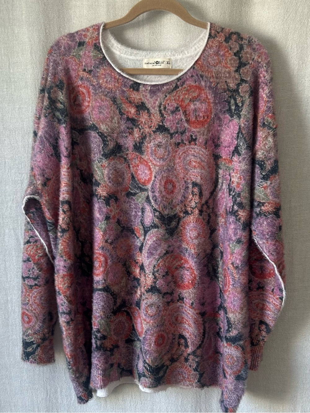 NATURAL LIFE Pink Paisley Floral Cashmere Like Oversize Sweater Women SZ X-Large